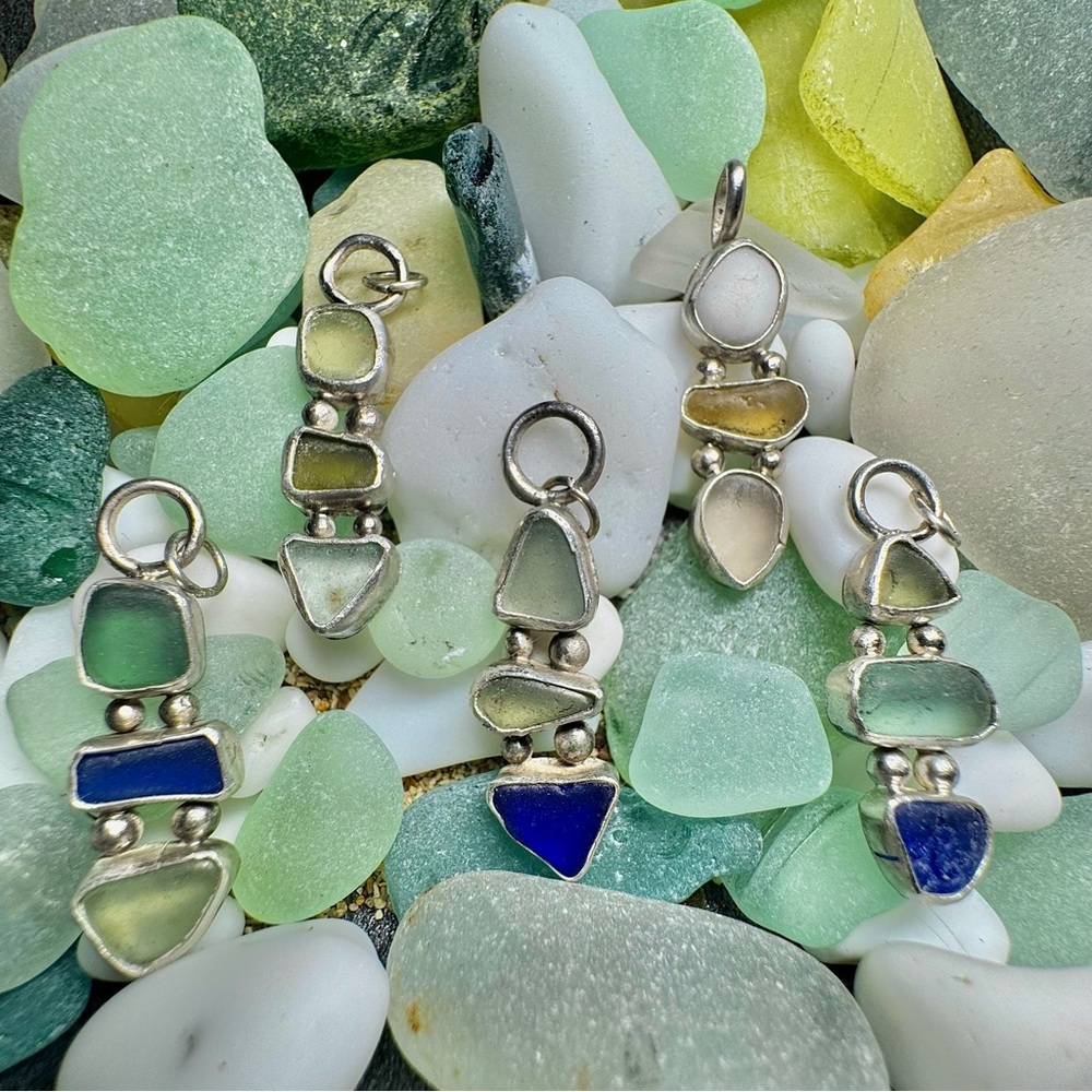 Triple sea glass necklace Handmade 995 925 sterling silver soldered Puerto Rico - Picture 2 of 3